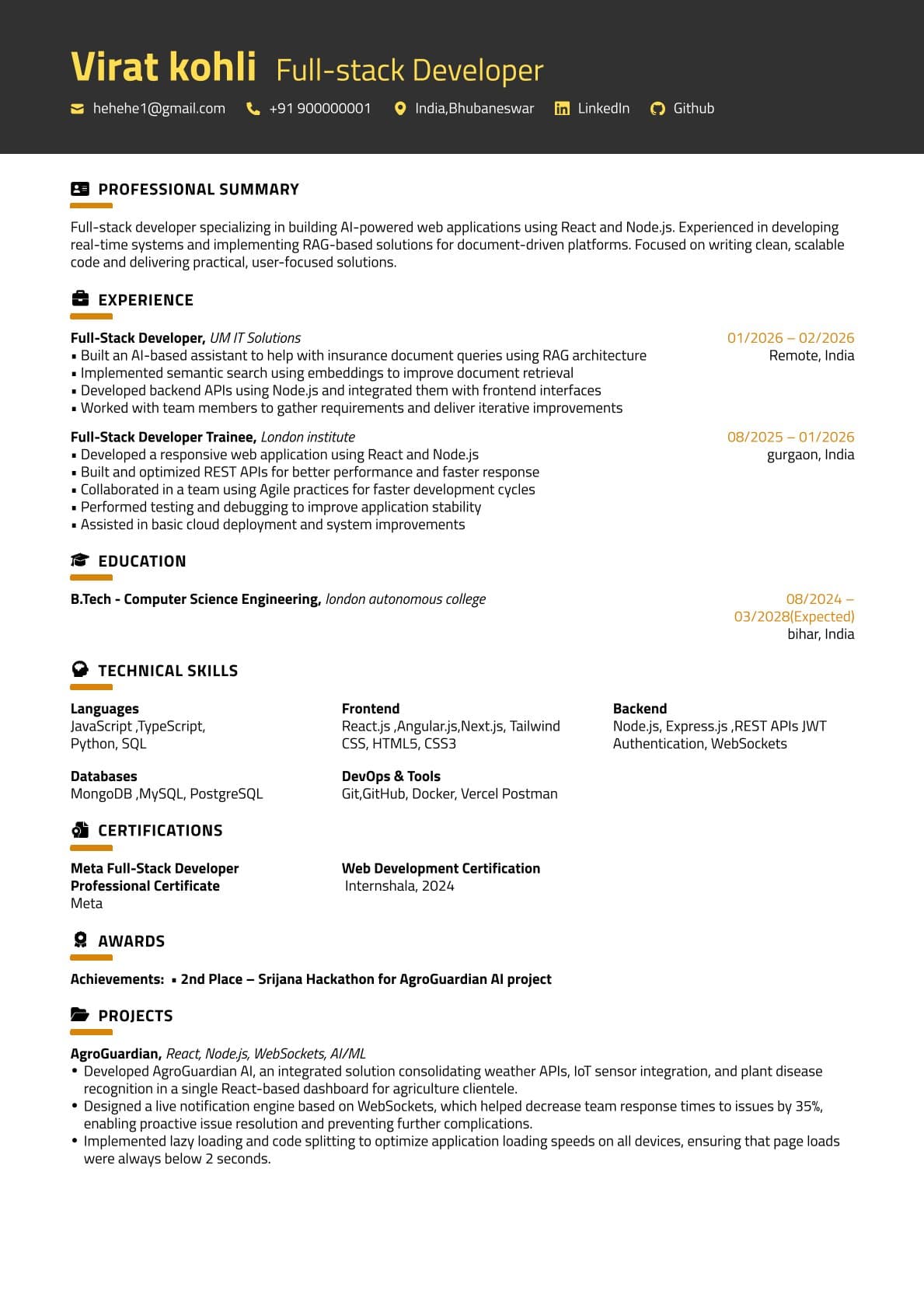 Gold Banner — Single Column — ATS-friendly resume template preview