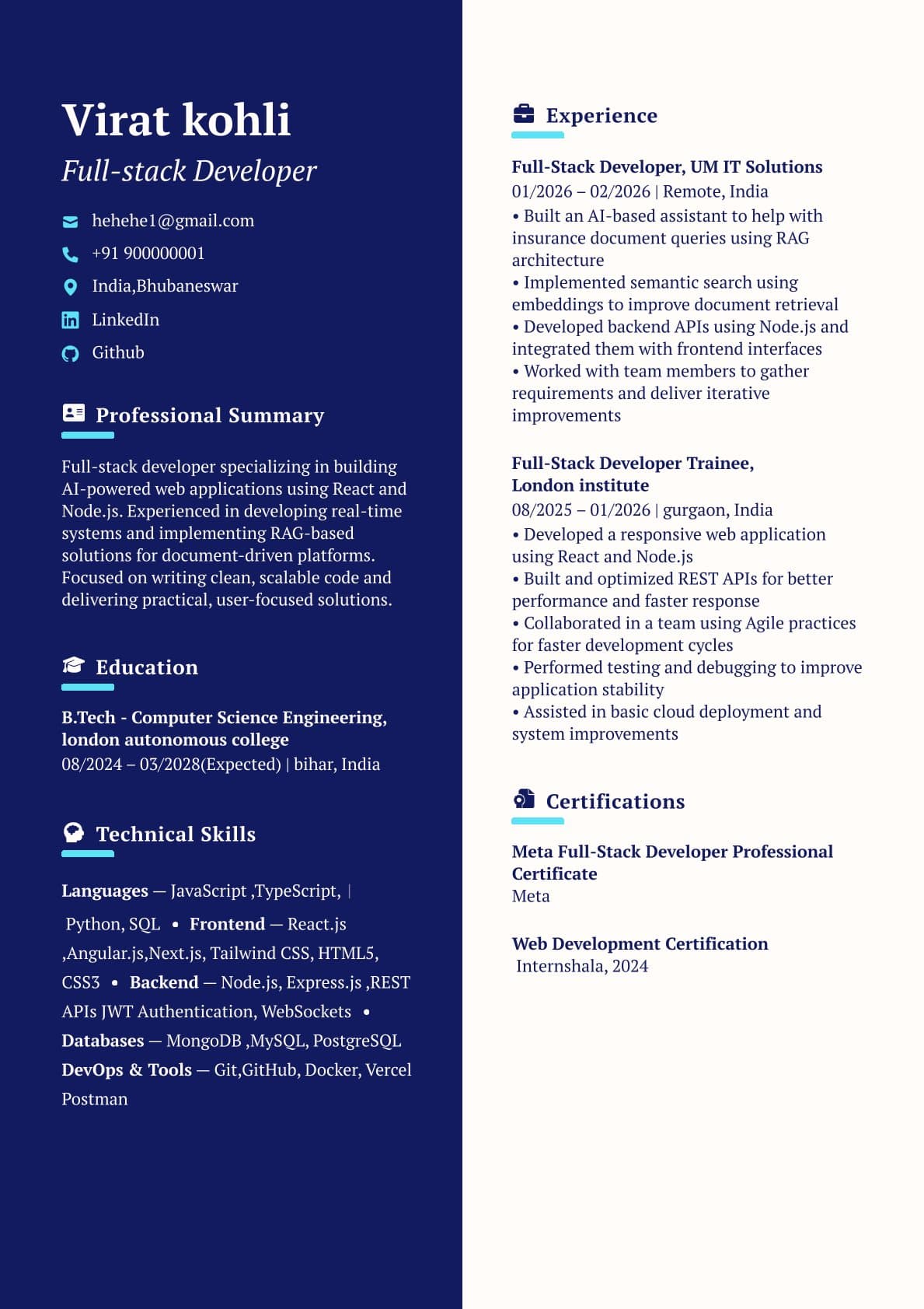 Teal Sidebar — Professional — ATS-friendly resume template preview