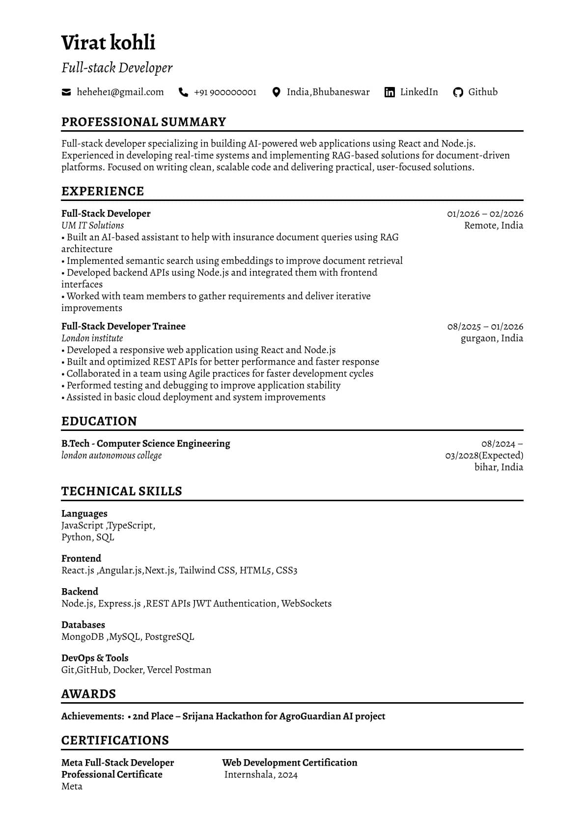 Classic Gold — Clean — ATS-friendly resume template preview