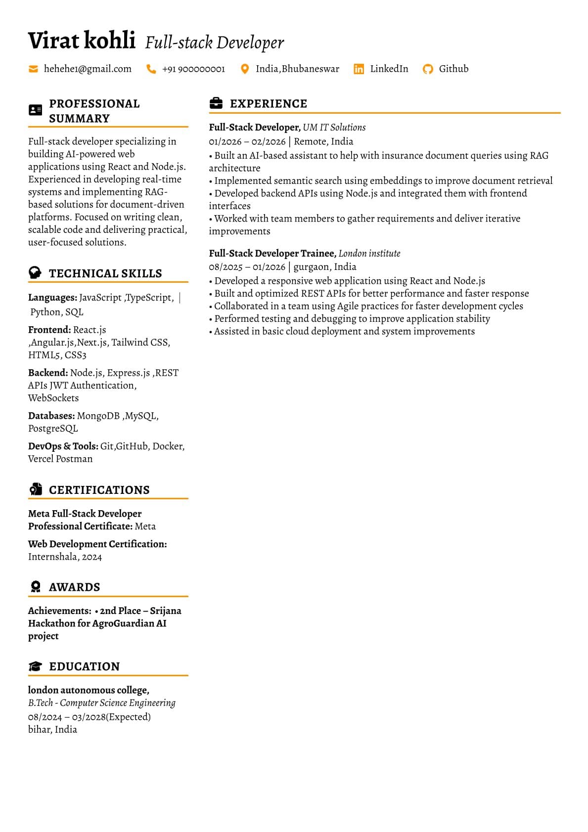 Amber Split — Dual-Zone — ATS-friendly resume template preview
