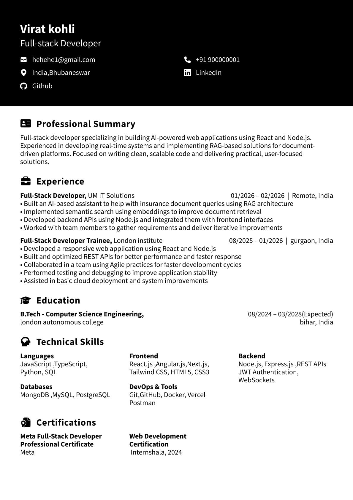 Dark Header — Executive — ATS-friendly resume template preview